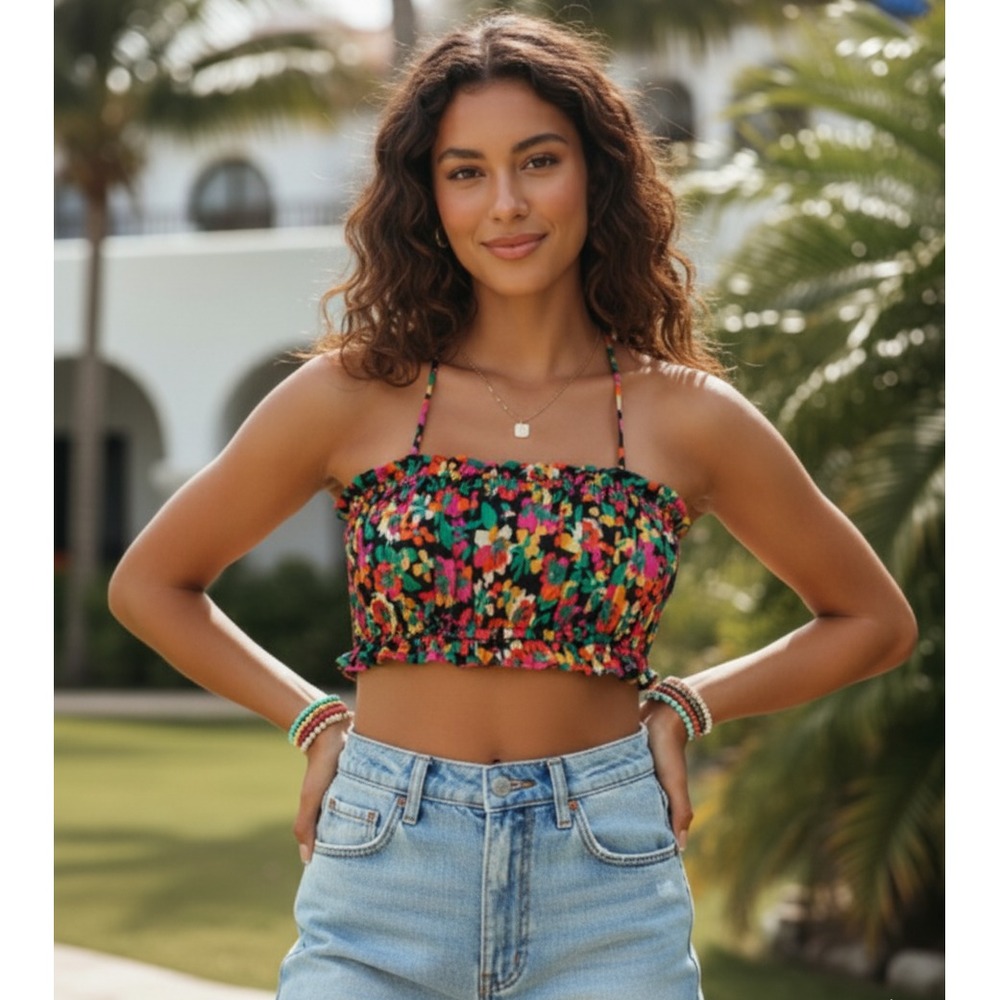 RESA Floral Smocked Crop Top Womens XS Bandeau Boho Chic Y2K Summer Festival Fun